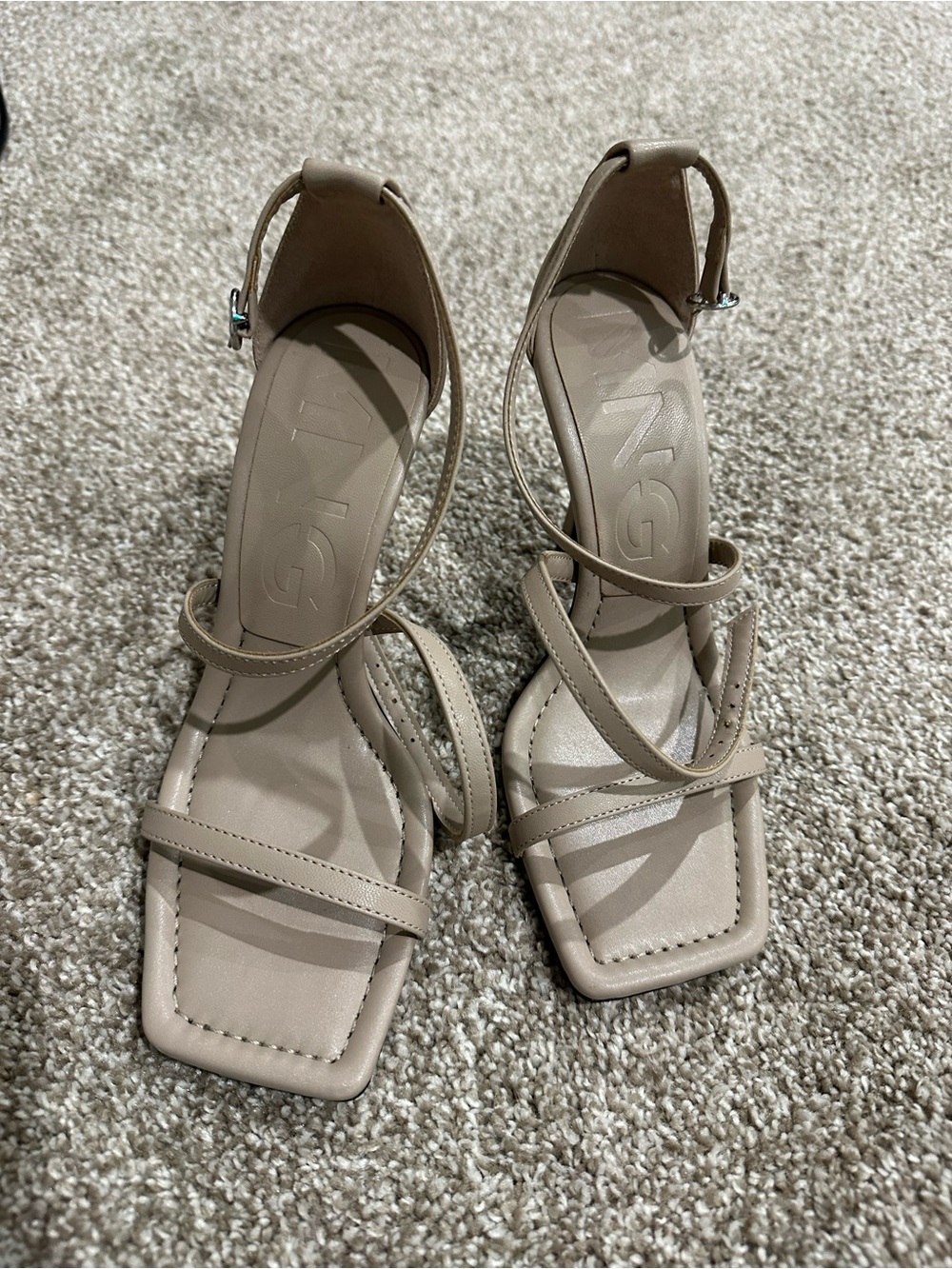 Mango Beige Strappy Square-Toe Ankle Strap Heels